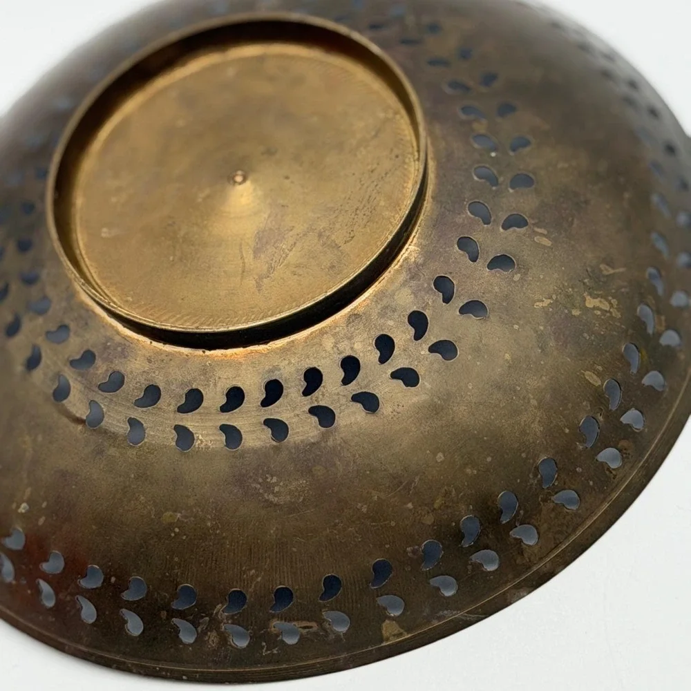 Vintage Enameled Brass Peacock Bowl Pierced Edges Hand Painted India 7.25in